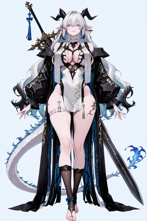  8k wallpaper、    top quality 、masterpiece,   748cm スThailandル   、sexy black bralette dress with fishnet top beneath,   woman 1 person、ribbon、piercings and earrings on her ears,  pointy elf ears, black ripped pelvic curtain dress、 cute black oversized coa...