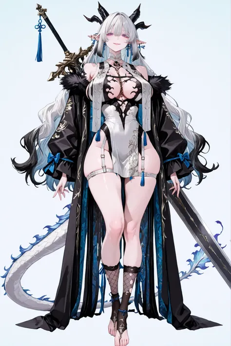   8k wallpaper、    top quality 、masterpiece,   748cm スThailandル   、sexy black bralette dress with fishnet top beneath,   woman 1 person、ribbon、piercings and earrings on her ears,  pointy elf ears, black ripped pelvic curtain dress、 cute black oversized coa...