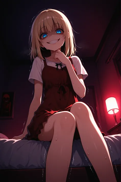 1girl, yandere, creepy smile, creepy grin, below angle, bedroom, sitting on bed, sweat, shaking, blue eyes