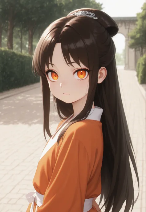 Masterpiece, top quality, newest, safe, good anatomy, good resolution, good lighting. Beautiful, anime. Dark brown and Hairstyle. Intense orange eyes. Black eyelashes, fair skin. She is an adorable girl. She is 1.40 meters tall and 10 years old. Looking at...