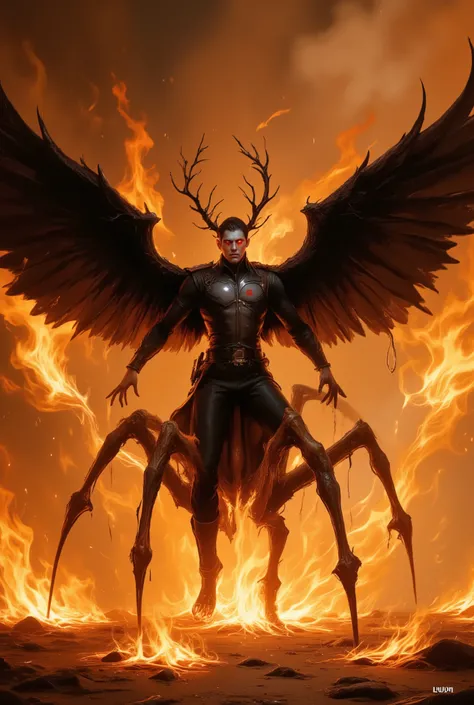 A man in military uniform spreads his black wings while the flames dance around him intensely on a burning stage , while fighting against a creature from another universe , it has thin brown legs , antennae of branches , your face is a mirror , walk on 8 l...