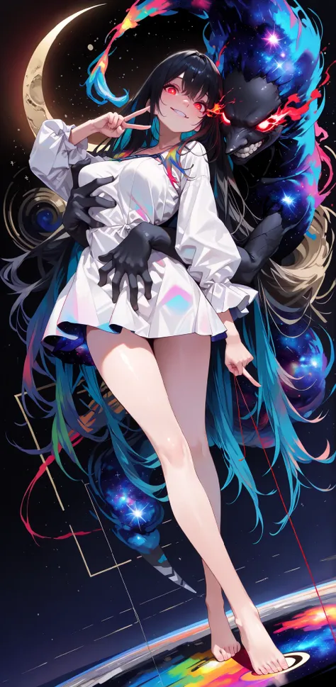 masterpiece, best quality, high quality, absurdres,very aesthetic, (Abstract), masterpieces, top quality, girl 1, beautiful, Very long dark hair, crimson eyes, Flaming eyes, Big eyes, cute nose, Brutal Smile, Teeth, (V finger), saggy breasts, long legs, Ba...