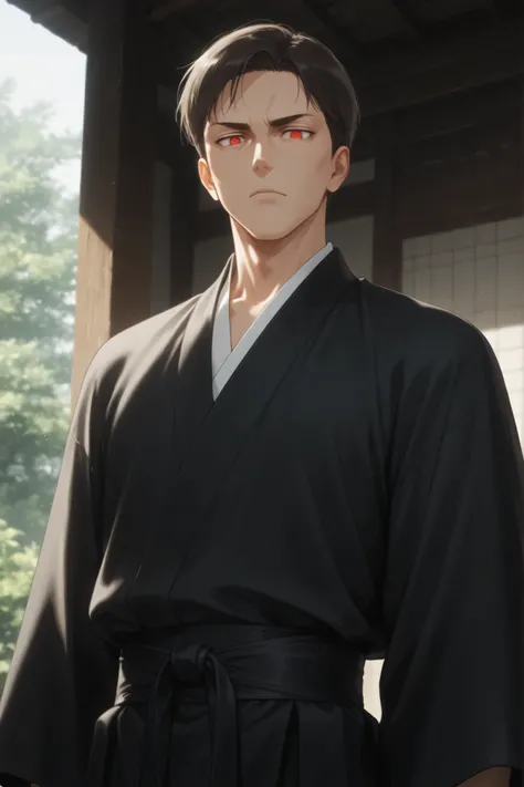 Masterpiece, good resolution, good quality, newest. Good anatomy, good lighting, safe. Older man, handsome, anime. Dark brown hair, short haircut, military style. Intense red eyes. Slight wrinkles on his face, fair skin, slim build, muscular figure. He is ...