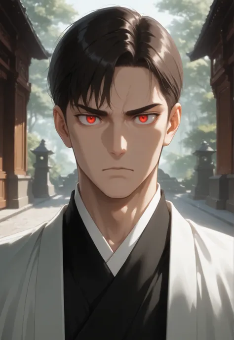 Masterpiece, good resolution, good quality, newest. Good anatomy, good lighting, safe. Older man, handsome, anime. Dark brown hair, short haircut, military style. Intense red eyes. Slight wrinkles on his face, fair skin, slim build, muscular figure. He is ...