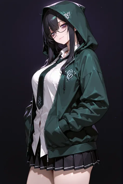 gamerexia, masterpiece, best quality, absurdres, 1girl, solo, medium_breasts, purple_eyes, glasses, black_hair, long_hair, long_hair, glasses, sidelocks, hair_berween_eye, long_sleeves, mature_female, white_shirt, dark green hoodie, open hoodie, black_neck...