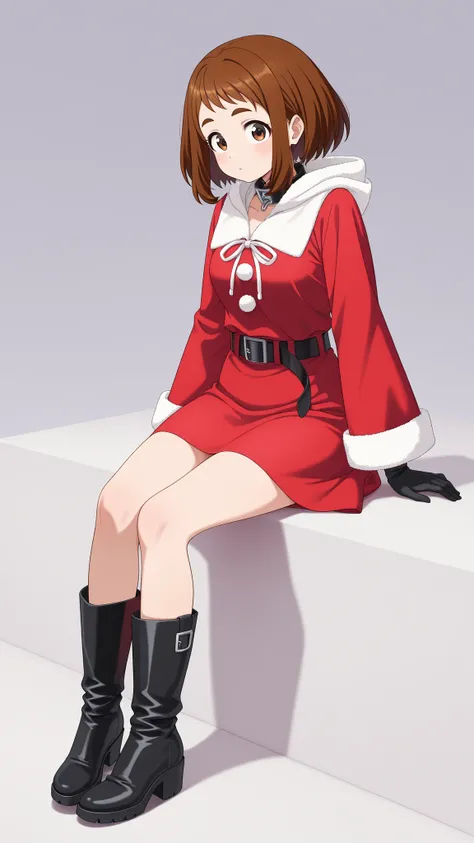 Highest Quality, 1girl, Reihi Ochako,  brown hair, short hair, 
wears a modern Santa Claus costume composed of a short tight red dress adorned with white leather trim on the collar, Sleeves and hem  . For the costume、hood with white leather inserts,  black...