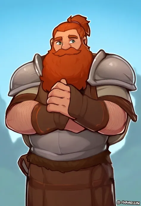 a dwarf paladin, male dwarf, wearing armor, large beard, short, stout, tan skin, D&D adventurer,