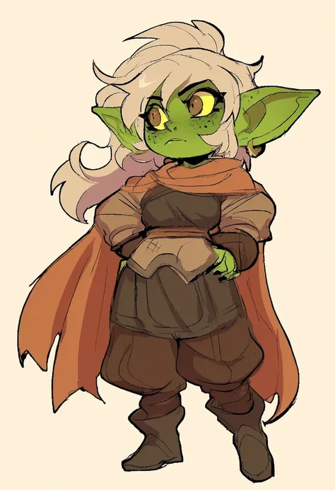a maniacal goblin alchemist, female goblin, crazed, short, massive ears, wearing chaotic mixed clothes, D&D adventurer