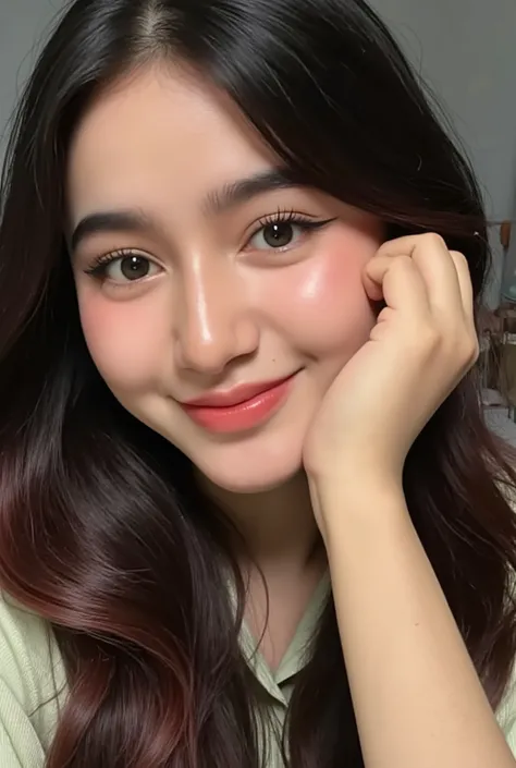 A close-up photo of NadiaAulia hand stayle, long black hair, the ends of the hair are slightly red. He stares at the viewer with loving eyes, very smiling. She leans forward. (Close up look of face) , ((hand style)), sangat rinci. He wears a perfect soft ...