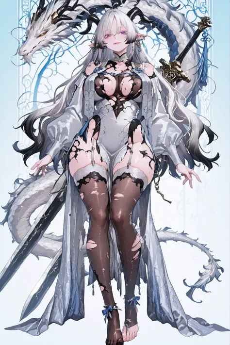   8k wallpaper、    top quality 、masterpiece,   748cm スThailandル   、sexy black bralette dress with fishnet top beneath,   woman 1 person、ribbon、piercings and earrings on her ears,  pointy elf ears, black ripped pelvic curtain dress、 cute black oversized coa...