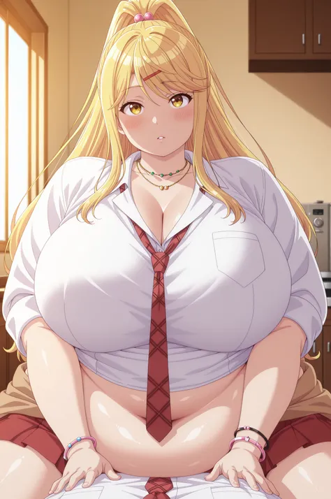 bloated belly,obese,fat,chubby,plump,WeightChubby,Masterpiece, high detail, very hd, best quality, semirealistis, ray trecing, solo, 1girl, detail face, detail hair, himari ishikura, long hair, bangs, blonde hair, hair ornament, yellow eyes, ponytail, hair...