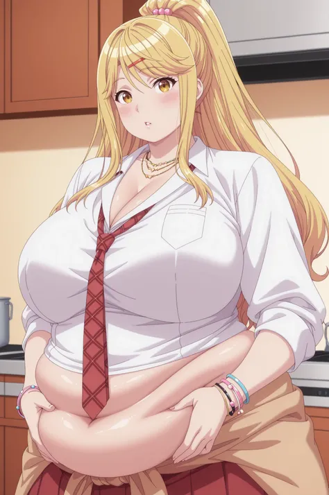 bloated belly,obese,fat,chubby,plump,WeightChubby,Masterpiece, high detail, very hd, best quality, semirealistis, ray trecing, solo, 1girl, detail face, detail hair, himari ishikura, long hair, bangs, blonde hair, hair ornament, yellow eyes, ponytail, hair...