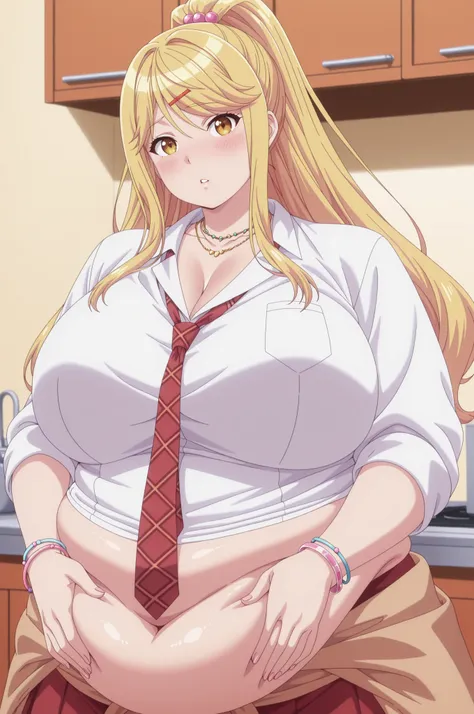 bloated belly,obese,fat,plump,WeightObese,Masterpiece, high detail, very hd, best quality, semirealistis, ray trecing, solo, 1girl, detail face, detail hair, himari ishikura, long hair, bangs, blonde hair, hair ornament, yellow eyes, ponytail, hairclip, hi...
