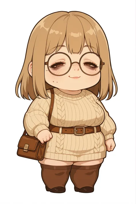 semi-realistic midjorney art style of a round older woman. she has an oval and narrow shaped face with a long hooked bumpy crooked broken nose. tired sunken in brown eyes, large round frames, with a devious smirk, tired eyes, dark circles under eyes, moles...