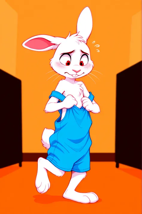 solo, 1boy, no humans, furry male, rabbit, pink nose, white fur, red eyes, whiskers, buck teeth, short, skinny, AgeRegression, Oversized Clothes, shrinking, masterpiece, absurdres, amazing quality, ultra detailed, full body, walking, waddling, leg up, bare...