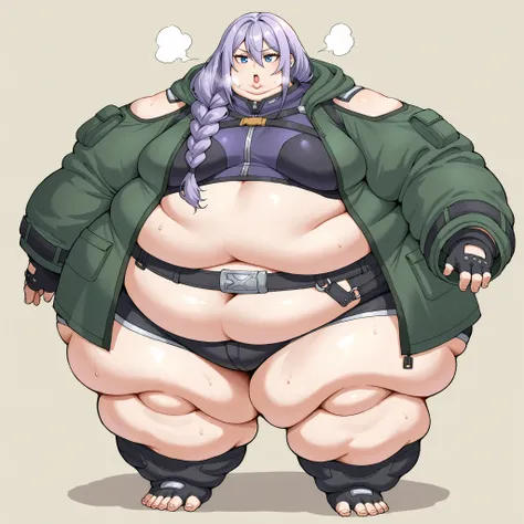 zPDXLxxx, Luna, blue eyes, purple hair, long hair, braid, hair over shoulder, hair between eyes, bangs, small breasts, coat, green coat, hooded coat, shoulder cutout, long sleeves, shorts, short shorts, black shorts, midriff, belt, fingerless gloves, bla...