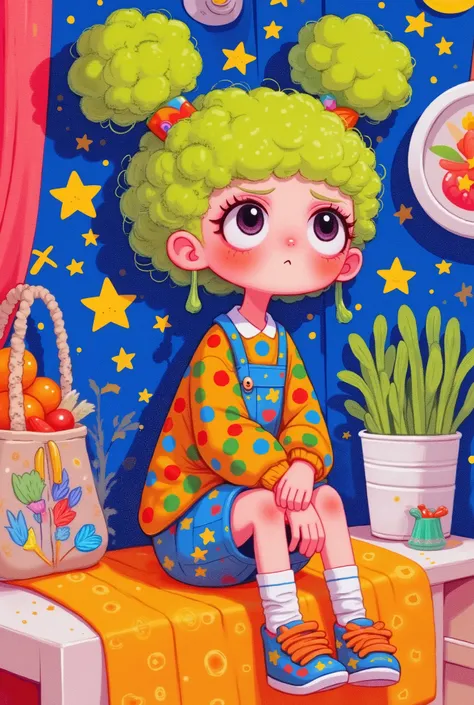 cartoon:In the room, a girl with broccoli hair, huge hair ,expression of grief ,Fear