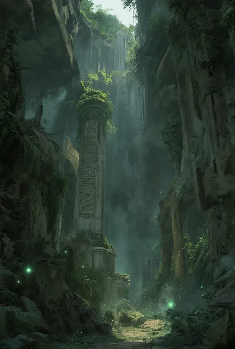 Epic wide shot of the heart of a forgotten jungle planet. Enormous, crumbling art deco and neo-classical ruins are being reclaimed by colossal bioluminescent flora and deep emerald moss. A single beam of light from a dying star pierces the dense canopy, il...