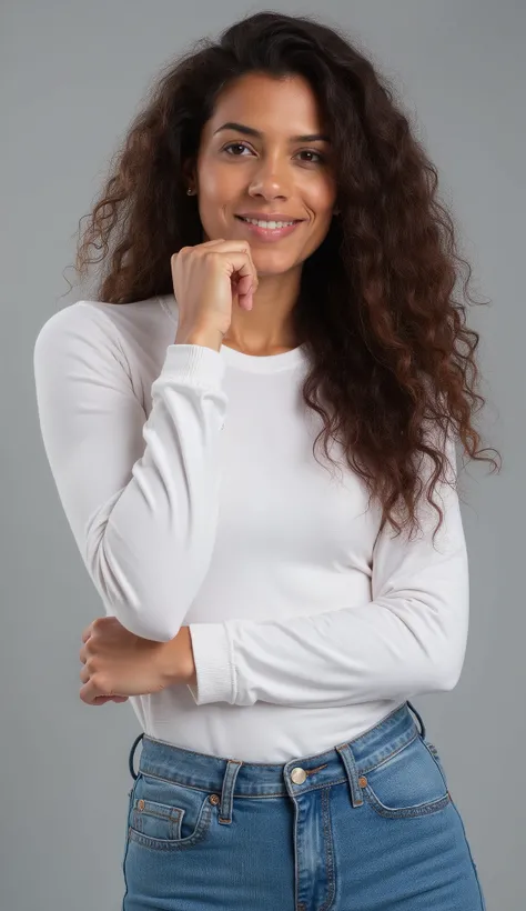 A medium, full-body studio portrait of a 23-year-old American social media influencer, confident and warm presence.

(ultra-photorealistic, 4K, sharp focus:1.2), cinematic, (photograph:1.1).

Her face features a sharp jawline, (naturally dark skin:1.1), en...