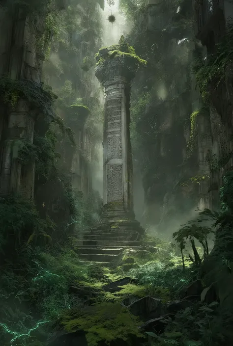 Epic wide shot of the heart of a forgotten jungle planet. Enormous, crumbling art deco and neo-classical ruins are being reclaimed by colossal bioluminescent flora and deep emerald moss. A single beam of light from a dying star pierces the dense canopy, il...