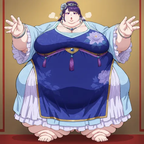 Lihua_Apothecary, expressionless, hair ornament,necklace, bracelet,gem,jewelry,earrings, purple eyes, purple hair,bangs, Blue and Purple dress,chinese clothes,wide sleeves,long sleeves, floral print, fat, chubby, obese, fat neck, multiple chins, big breast...