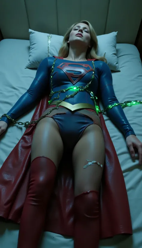 Melissa Benoist as Supergirl, she is tied to a bed, tied her body to the bed pole with a lot of big strong green luminous chains, eyes close, unconscious, spread out arms, she is wearing a Supergirl costume, blue shirt and red skirt, red cape, torn red ski...