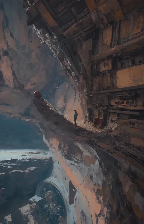 A lone explorer in a vintage spacesuit stands on a gantry, overlooking the interior of a massive, deserted celestial forge on a barren, forgotten planet. The forge is a colossal megastructure of brass, copper, and dark steel, with dormant fusion cores and ...