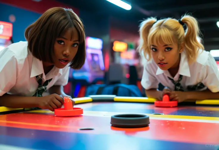 photorealistic with anime style, 
intense air hockey showdown in neon retro arcade, 
2 Japanese gyaru schoolgirls, 
left: dark skin, sharp brown bob with bangs, gyaru makeup; 
right: medium skin, blonde twin pigtails with black scrunchies, glossy lips, 
bo...