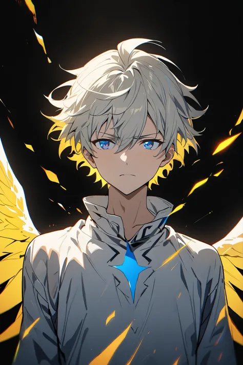 [(BLACK BACKGROUND:1.5),::5], ((masterpiece)), high quality, ultra very high resolution, full color, ((solo)), ((adult male)), ((men's white Short hair), (inner yellow hair), (blue eye.), anime, (upper body), (Wings EFFECT:1)