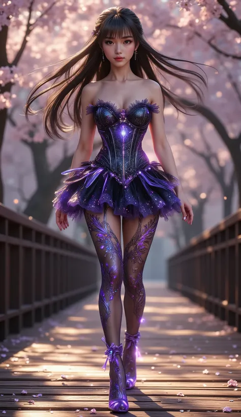 Taken from below, 4K, hyper-detail, hyper-texture of clothing, a 17-year-old young Asian girl with a cute face with a sweet appearance and white skin, a tall body, a slim and small belly, a wide waist, a shiny body, a shiny costume, long and sexy muscular ...