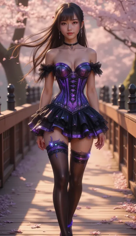 Taken from below, 4K, hyper-detail, hyper-texture of clothing, a 17-year-old young Asian girl with a cute face with a sweet appearance and white skin, a tall body, a slim and small belly, a wide waist, a shiny body, a shiny costume, long and sexy muscular ...