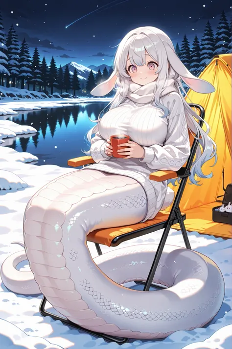 1 female, big boobs,malice pawn march hare, blush,White hair,white long-sleeved sweater, white scarf ,Rabbit ears,masterpiece,Up to,HD,very beautiful,cute,absurd,(All five fingers ),lamia,White snake tail ,beautiful woman,Beautiful Woman,The lower half of ...