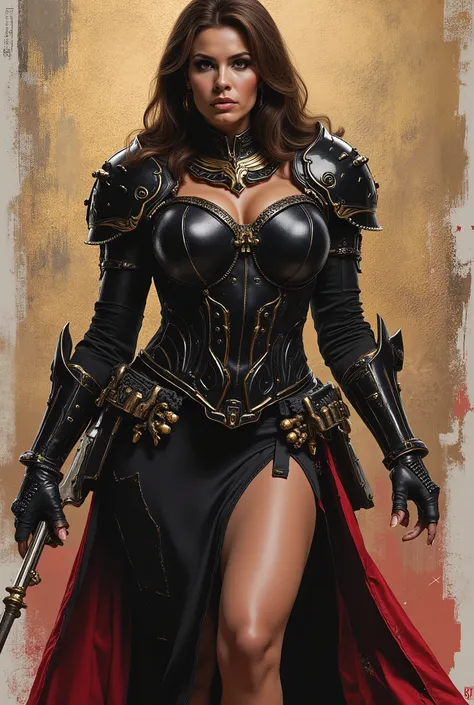 An extremely detailed comic book illustration in a dark fantasy or gothic style depicting an extremely curvaceous young woman in her late s wearing intimidating black power armor inspired by the armor of Warhammer 40k decorated with scrollwork in metallic ...