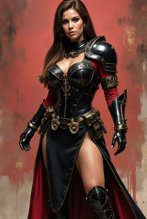 An extremely detailed comic book illustration in a dark fantasy or gothic style depicting an extremely curvaceous young woman in her late s wearing intimidating black power armor inspired by the armor of Warhammer 40k decorated with scrollwork in metallic ...