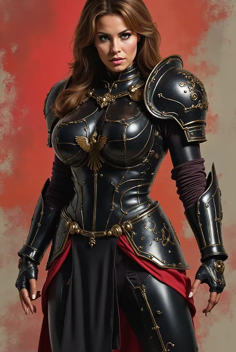 An extremely detailed comic book illustration in a dark fantasy or gothic style depicting an extremely curvaceous young woman in her late s wearing intimidating black power armor inspired by the armor of Warhammer 40k decorated with scrollwork in metallic ...