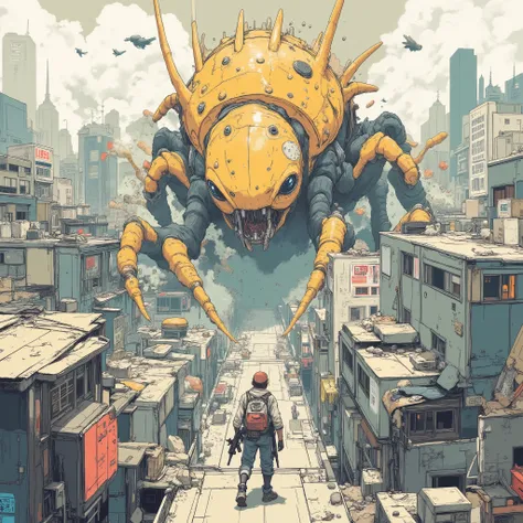 (illustration, masterpiece, best quality, highly detailed, dynamic composition, cinematic lighting),
A dramatic illustration of a Japanese city viewed from a high rooftop perspective, looking down across the urban landscape.
A few gigantic ant-like monster...