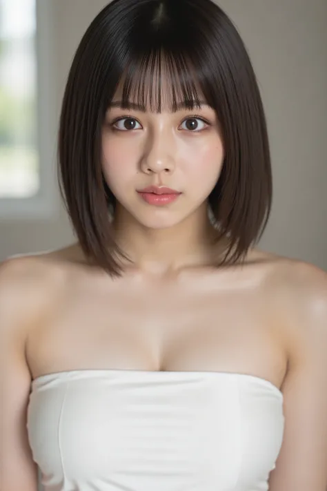 Masterpiece, High quality, High resolution, Realistic, 8K, 16K, 
Anatomically accurate, 
This photo captures a beautiful Japanese woman. Vibrant woman, 
white tube top, off shoulder, satin clothing,
Fashion magazine energy. Medium breasts. 
The image is ve...