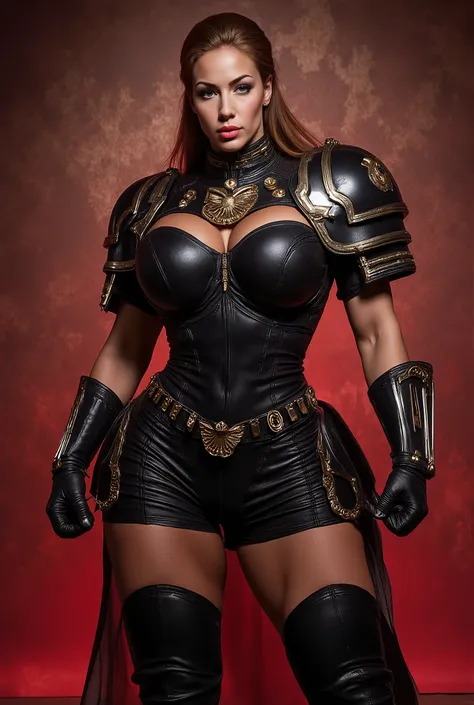 An extremely detailed comic book illustration in a dark fantasy or gothic style depicting an extremely curvaceous young woman long brown she holds her hair in a ribbon her face is aristocratic haughty her skin is white her lips are red her legs are long sh...