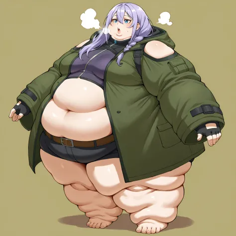 zPDXLxxx, Luna, blue eyes, purple hair, long hair, braid, hair over shoulder, hair between eyes, bangs, small breasts, coat, green coat, hooded coat, shoulder cutout, long sleeves, shorts, short shorts, black shorts, midriff, belt, fingerless gloves, bla...