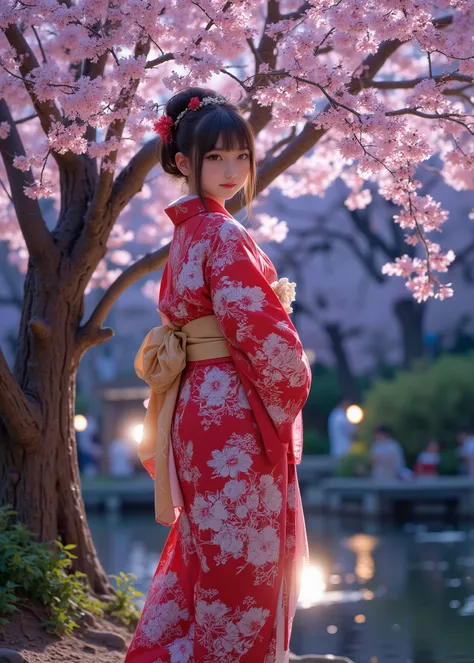 cuteloli,((最High Quality、masterpiece、high sensitivity、high definition、detailed instructions、Delicate Depiction、Fvalue:4.0)),(( kimono、Kimono beauty、Japanese woman、16 years old、under the cherry tree、Wear clogs)),A composition that shows the whole body、(up h...