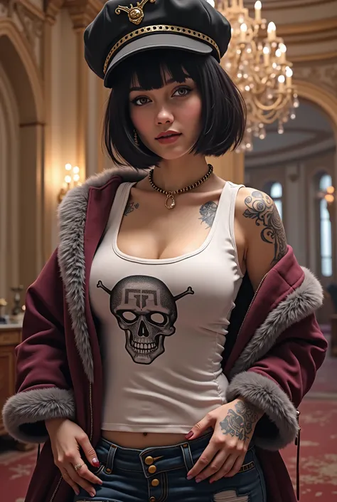 masterpiece, best quality, 8k,highestres, absurdres, extremely detailed, female trafalgar law, 1girl, 1sword, solo, looking at viewer, short hair, large breasts, polkadot cute white hat, navel, cleavage, collarbone, earrings, midriff, pants, coat, fur trim...
