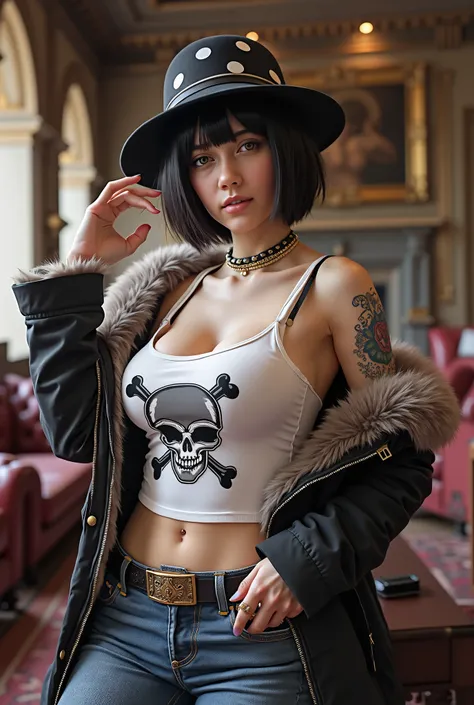 masterpiece, best quality, 8k,highestres, absurdres, extremely detailed, female trafalgar law, 1girl, 1sword, solo, looking at viewer, short hair, large breasts, polkadot cute white hat, navel, cleavage, collarbone, earrings, midriff, pants, coat, fur trim...