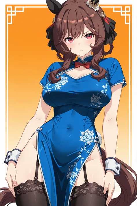 (1girl), (solo:1.2), Gentildonna (Umamusume), (large breasts:1.4)
tall and elegant body:1.4, long straight dark brown hair with silky smooth texture:1.3,
red eyes:1.3, (horse ears), (horse tail),
upper body , (breasts focus:1.4)
(one hand resting on c...