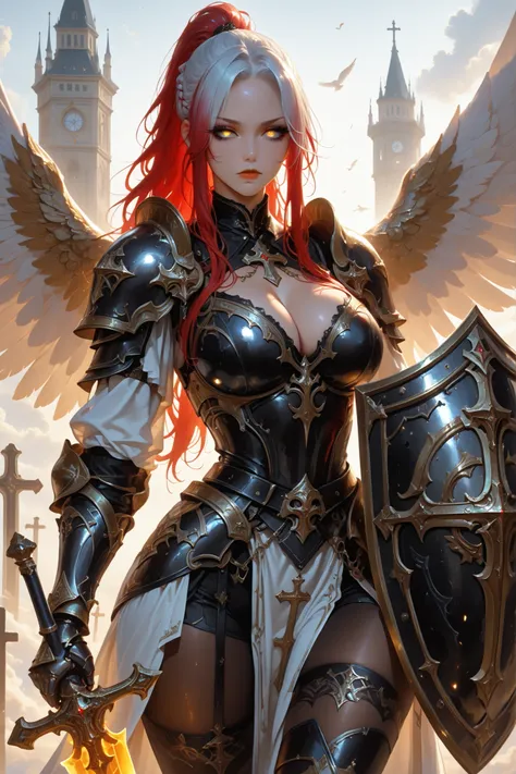 UHD, masterpiece, anatomically correct, super detail, best quality, high-res, 16k, solo, 1girl, multicolored hair, colored hair, two-tone hair, gradient hair, glowing hair, white hair, gold hair, red hair, braid, ponytail, black long eyeliner, golden eyes,...