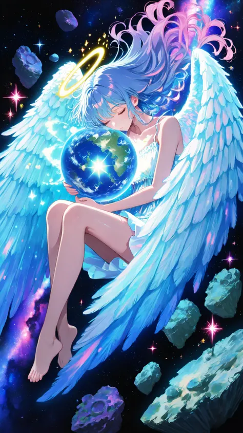 Sleeping Angels，
Long Floating Hair，Hug your knees，Hold the globe_Luminescence，Barefoot。
Large Angel Wings，（Glowing Halo with Star Sparks）
（Glowing Earth Sphere）、（Floating Rock Ruins）
（Space）、（Starfield）、（Nebula）、（Earth）、（Other Planets）、（Ancient Ruins）
（Fa...