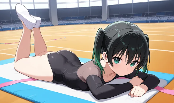 takasaki yu, 1girl, two-tone hair, sidelocks, green hair, pink ribbon, hair between eyes, medium hair, twintails, gradient hair, multicolored hair, black hair, black leotard, athletic leotard, looking at viewer, long sleeve leotard, tight fitting leotard,...