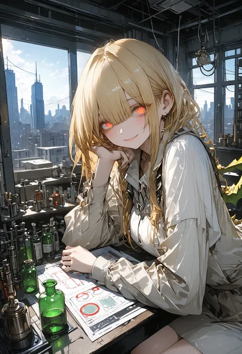 ruinsの Barbell Alchemist、散らかったTest Bench、wonderfulなmedicine、colorful bottle 、flask、 beaker 、彼女は他にどんな風変わりなcreateを生み出すのだろうか、dragon、Making a little dragon、Hand riding dragon on desk、cute expression，determined，glowing eyes ，looking atviewer 、Detailed Paintings...