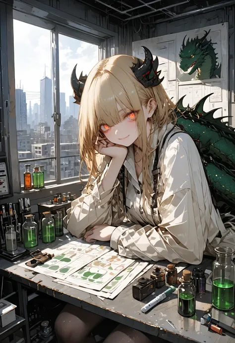 ruinsの Barbell Alchemist、散らかったTest Bench、wonderfulなmedicine、colorful bottle 、flask、 beaker 、彼女は他にどんな風変わりなcreateを生み出すのだろうか、dragon、Making a little dragon、Hand riding dragon on desk、cute expression，determined，glowing eyes ，looking atviewer 、Detailed Paintings...