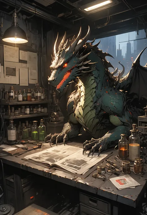 ruinsの Barbell Alchemist、散らかったTest Bench、wonderfulなmedicine、colorful bottle 、flask、 beaker 、彼女は他にどんな風変わりなcreateを生み出すのだろうか、handmade dragon、Making a little dragon、Hand riding dragon on desk、cute expression，determined，glowing eyes ，looking atviewer 、Detailed ...