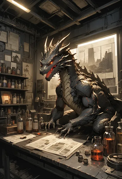 ruinsの Barbell Alchemist、散らかったTest Bench、wonderfulなmedicine、colorful bottle 、flask、 beaker 、彼女は他にどんな風変わりなcreateを生み出すのだろうか、handmade dragon、Making a little dragon、Hand riding dragon on desk、cute expression，determined，glowing eyes ，looking atviewer 、Detailed ...